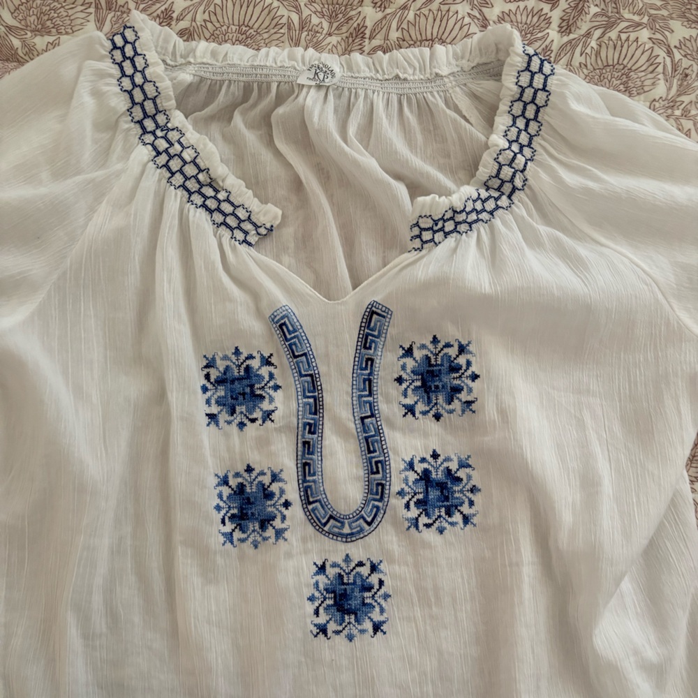 Made in Greece Papanikolaou Embroidered White and Blue Women's Top
